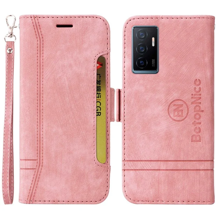 Betopnice 001 Couverture Téléphonique Pour Vivo Y75 4G / V23e 4G / V23e 5G, Ligne de Couture Imprimée en Cuir PU en Cuir Anti-rayon de Téléphone Portefeuille Avec Sangle - Rose