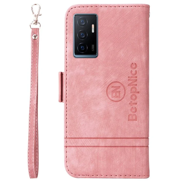 Betopnice 001 Couverture Téléphonique Pour Vivo Y75 4G / V23e 4G / V23e 5G, Ligne de Couture Imprimée en Cuir PU en Cuir Anti-rayon de Téléphone Portefeuille Avec Sangle - Rose