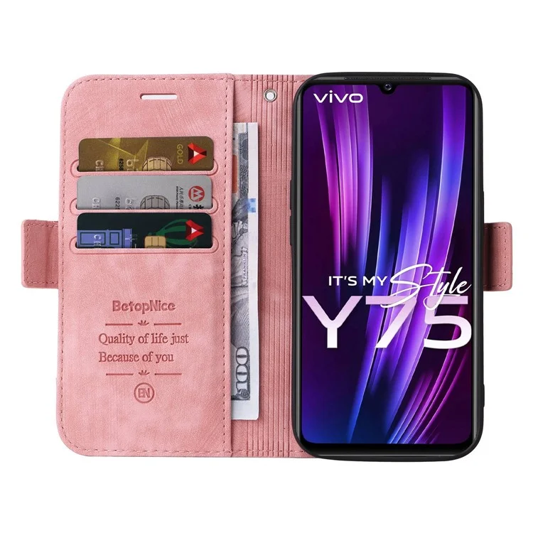 Betopnice 001 Couverture Téléphonique Pour Vivo Y75 4G / V23e 4G / V23e 5G, Ligne de Couture Imprimée en Cuir PU en Cuir Anti-rayon de Téléphone Portefeuille Avec Sangle - Rose