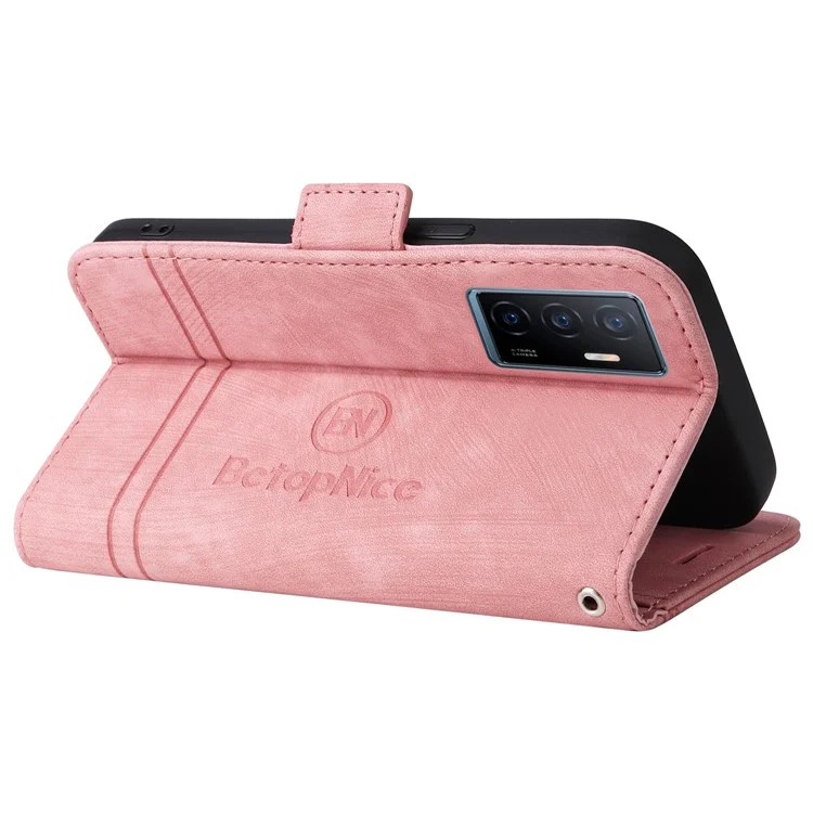 Betopnice 001 Couverture Téléphonique Pour Vivo Y75 4G / V23e 4G / V23e 5G, Ligne de Couture Imprimée en Cuir PU en Cuir Anti-rayon de Téléphone Portefeuille Avec Sangle - Rose