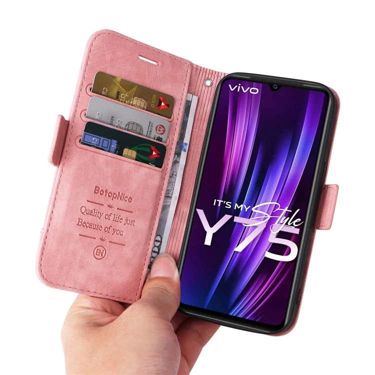 Betopnice 001 Couverture Téléphonique Pour Vivo Y75 4G / V23e 4G / V23e 5G, Ligne de Couture Imprimée en Cuir PU en Cuir Anti-rayon de Téléphone Portefeuille Avec Sangle - Rose
