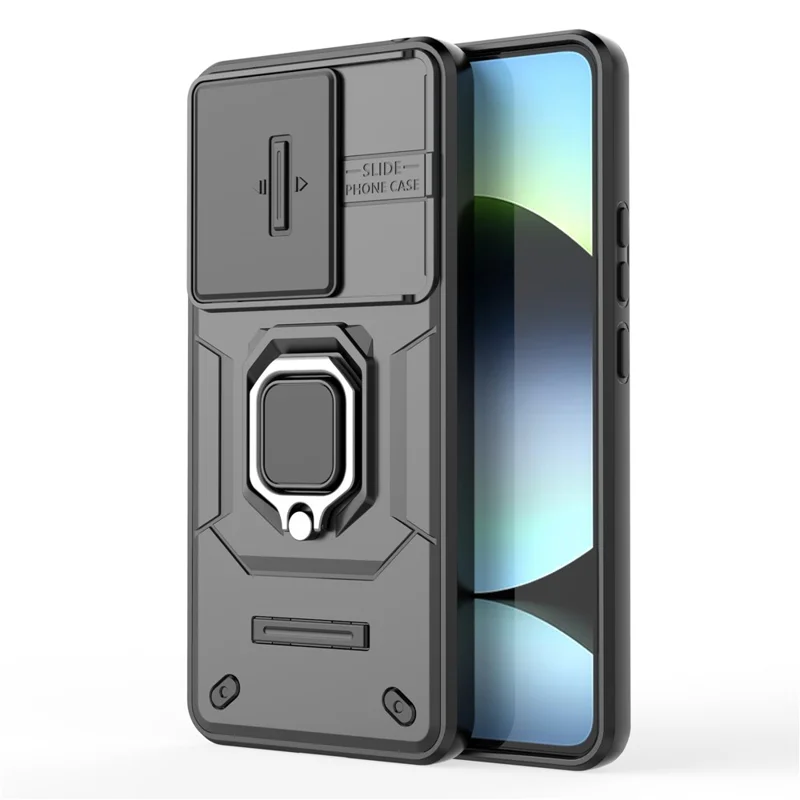 For Xiaomi Redmi Note 14 4G (163.25mm) Case PC + TPU Kickstand Phone Protector with Lens Cover - Black
