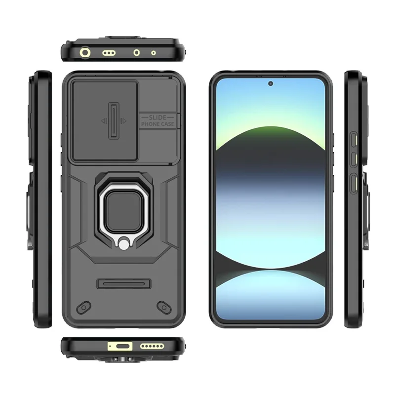 For Xiaomi Redmi Note 14 4G (163.25mm) Case PC + TPU Kickstand Phone Protector with Lens Cover - Black