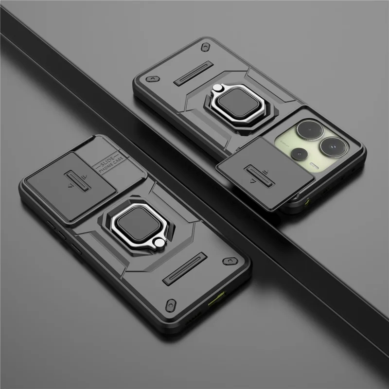 For Xiaomi Redmi Note 14 4G (163.25mm) Case PC + TPU Kickstand Phone Protector with Lens Cover - Black