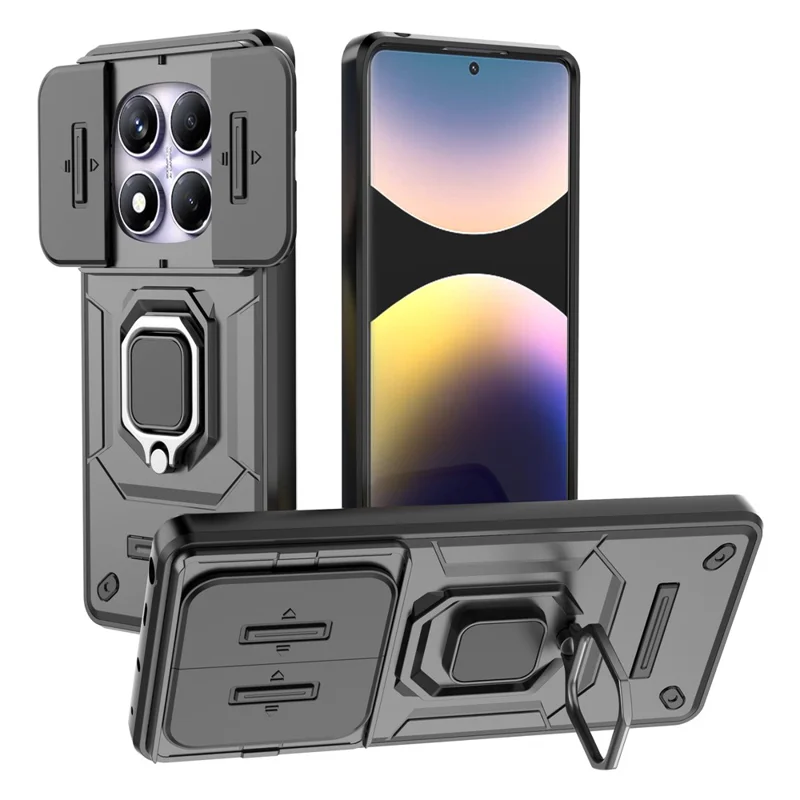 For Xiaomi Redmi Note 14 Pro 4G Case PC + TPU Kickstand Phone Protector with Lens Cover - Black