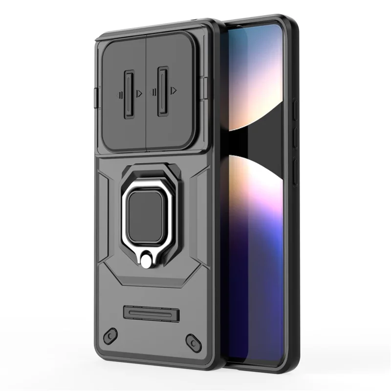 For Xiaomi Redmi Note 14 Pro 4G Case PC + TPU Kickstand Phone Protector with Lens Cover - Black