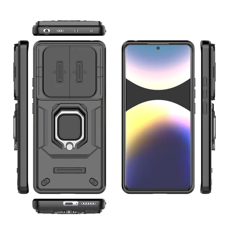 For Xiaomi Redmi Note 14 Pro 4G Case PC + TPU Kickstand Phone Protector with Lens Cover - Black