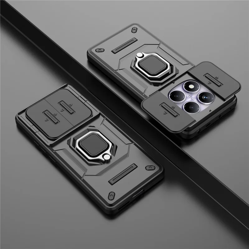 For Xiaomi Redmi Note 14 Pro 4G Case PC + TPU Kickstand Phone Protector with Lens Cover - Black