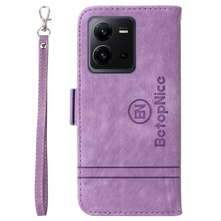 BETOPNICE 001 For vivo V25 5G / V25e 4G Imprinted Stitching Line Stand Wallet Case PU Leather Magnetic Clasp Cover with Strap - Purple