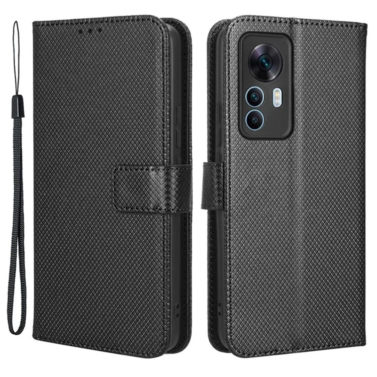 For Xiaomi 12T 5G / Redmi K50 Ultra 5G / 12T Pro 5G Diamond Texture Full Protection PU Leather Stand Case Wallet Phone Cover - Black