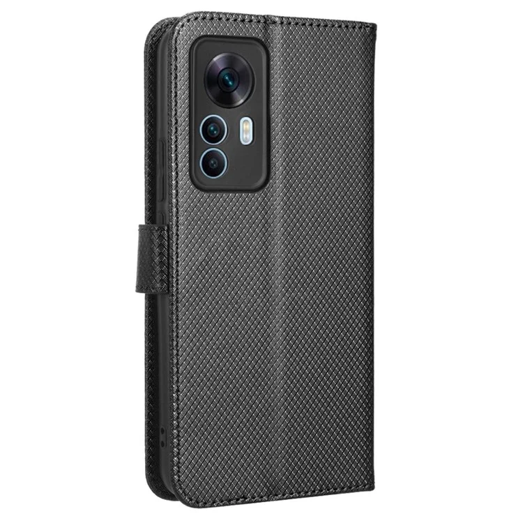 For Xiaomi 12T 5G / Redmi K50 Ultra 5G / 12T Pro 5G Diamond Texture Full Protection PU Leather Stand Case Wallet Phone Cover - Black