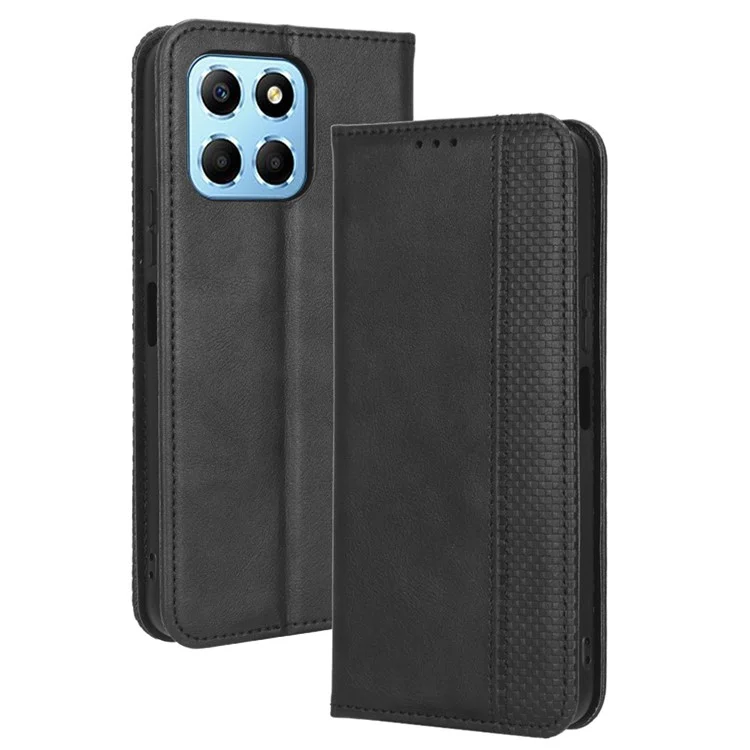 Funda de teléfono a prueba de caídas para Honor 70 Lite 5G / X6 4G / Honor Play6C / X8 5G Cierre magnético automático Folio Flip Funda de cuero con cartera Patrón de estampado retro Carcasa de teléfono con soporte - Negro