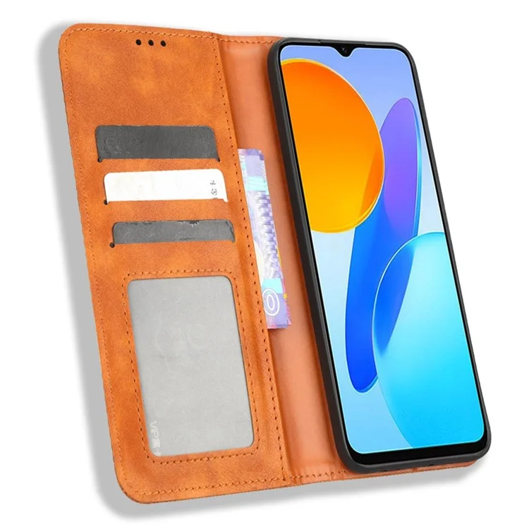 Étui de protection antichute pour téléphone portable Honor 70 Lite 5G / X6 4G / Honor Play6C / X8 5G. Étui portefeuille en cuir avec fermeture magnétique automatique, motif rétro imprimé et support - Brun