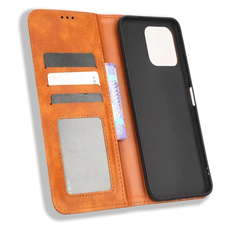 Étui de protection antichute pour téléphone portable Honor 70 Lite 5G / X6 4G / Honor Play6C / X8 5G. Étui portefeuille en cuir avec fermeture magnétique automatique, motif rétro imprimé et support - Brun