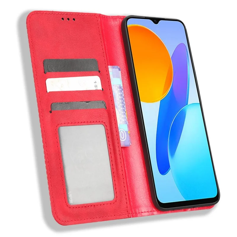 Drop-proof Cell Phone Cover For Honor 70 Lite 5G / X6 4G / Honor Play6C / X8 5G Magnetic Auto Closing Folio Flip Leather Wallet Case Retro Imprint Pattern Phone Shell with Stand - Red