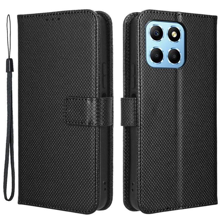 Capa de telefone com textura de diamante para Honor 70 Lite 5G / X6 4G / Honor Play6C / X8 5G - Capa de carteira de couro sintético resistente a arranhões com suporte - Preto