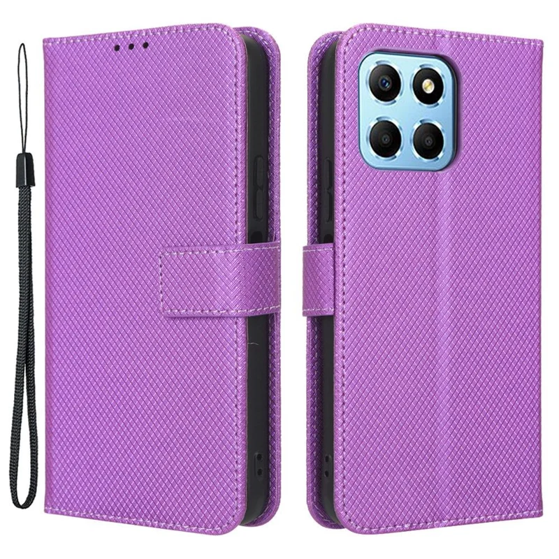 Diamond Texture Phone Cover For Honor 70 Lite 5G / X6 4G / Honor Play6C / X8 5G Scratch-resistant Phone Folio Flip Leather Wallet Case with Stand - Purple