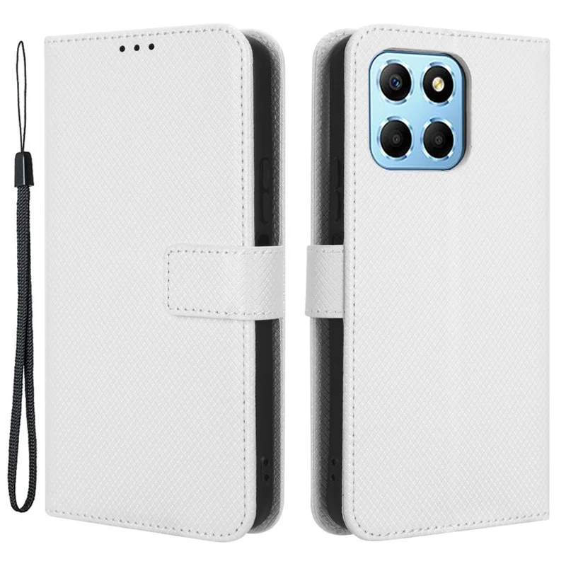 Diamond Texture Phone Cover For Honor 70 Lite 5G / X6 4G / Honor Play6C / X8 5G Scratch-resistant Phone Folio Flip Leather Wallet Case with Stand - White