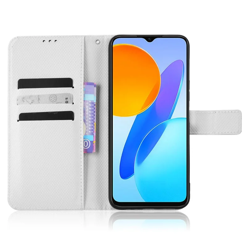 Diamond Texture Phone Cover For Honor 70 Lite 5G / X6 4G / Honor Play6C / X8 5G Scratch-resistant Phone Folio Flip Leather Wallet Case with Stand - White