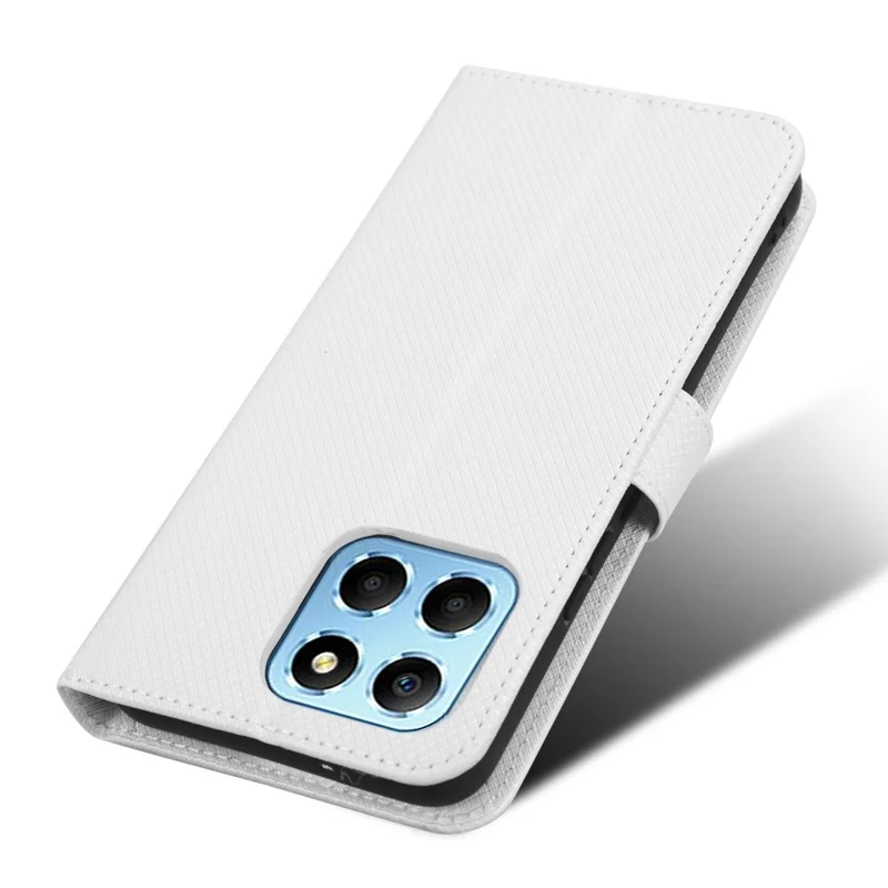 Diamond Texture Phone Cover For Honor 70 Lite 5G / X6 4G / Honor Play6C / X8 5G Scratch-resistant Phone Folio Flip Leather Wallet Case with Stand - White