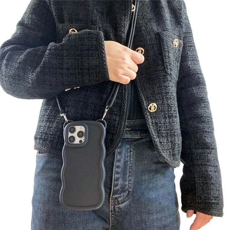 Bulk Purchasing For iPhone 15 Pro Case with Lanyard Soft TPU Phone Back Cover Cat Ear Decor - Black