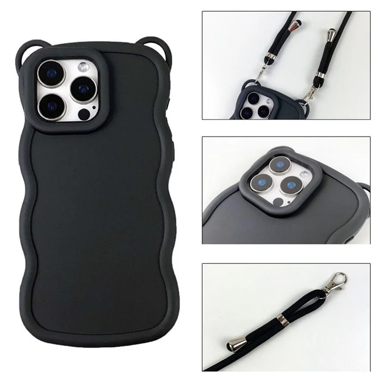 Bulk Purchasing For iPhone 15 Pro Case with Lanyard Soft TPU Phone Back Cover Cat Ear Decor - Black