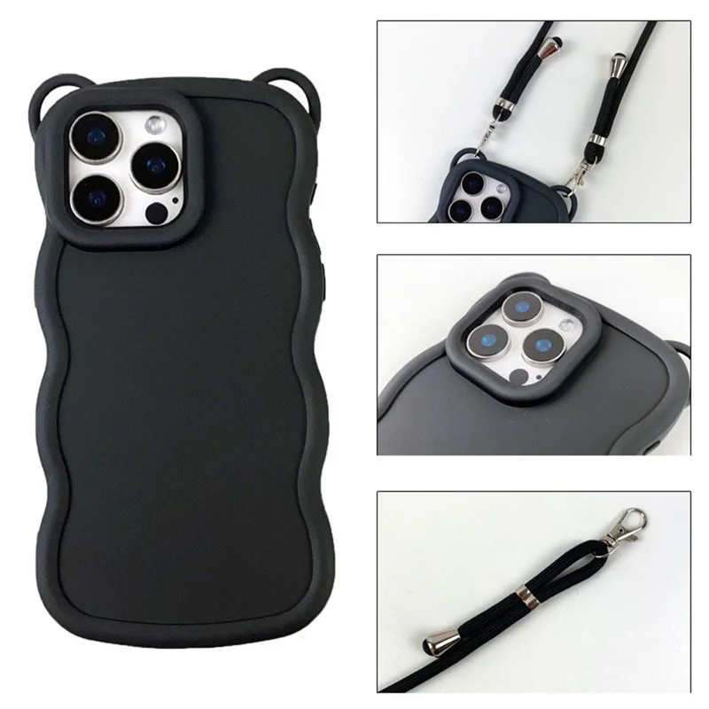 Bulk Purchasing For iPhone 15 Pro Case with Lanyard Soft TPU Phone Back Cover Cat Ear Decor - Rose