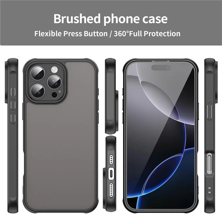 For iPhone 16 Pro Max Phone Case Drop Proof Airbags Frosted Translucent PC + TPU Back Cover - Black
