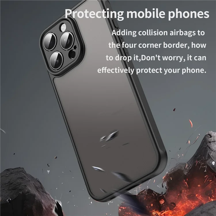 For iPhone 16 Pro Max Phone Case Drop Proof Airbags Frosted Translucent PC + TPU Back Cover - Black