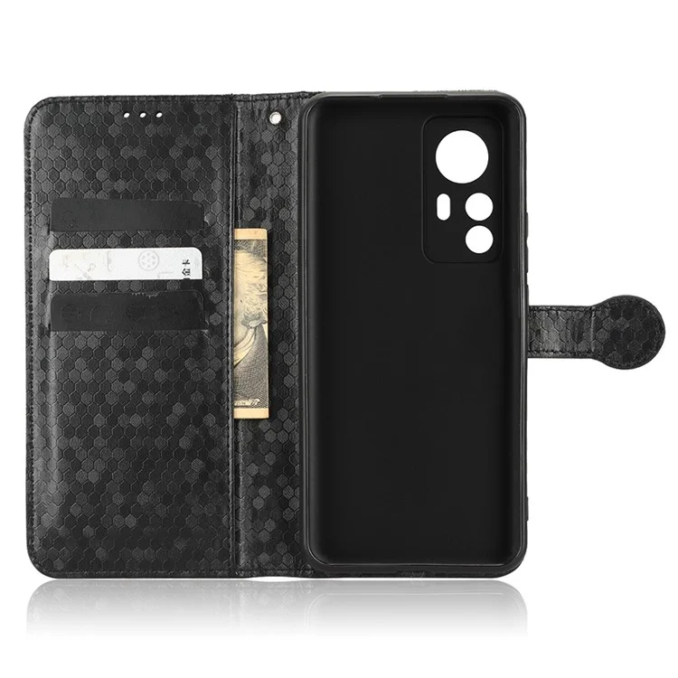 Anti-scratch Cell Phone Case For Xiaomi 12T 5G / Redmi K50 Ultra 5G, PU Leather Dot Pattern Imprinted Stand Phone Wallet Cover with Strap - Black