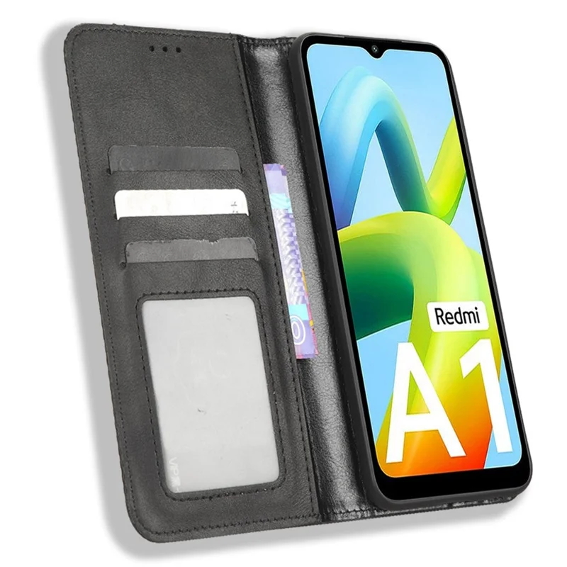 For Xiaomi Redmi A1 4G / A2 4G Retro Texture PU Leather Shockproof Stand Phone Case Imprint Pattern Magnetic Phone Wallet Cover - Black