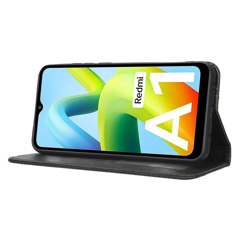 For Xiaomi Redmi A1 4G / A2 4G Retro Texture PU Leather Shockproof Stand Phone Case Imprint Pattern Magnetic Phone Wallet Cover - Black