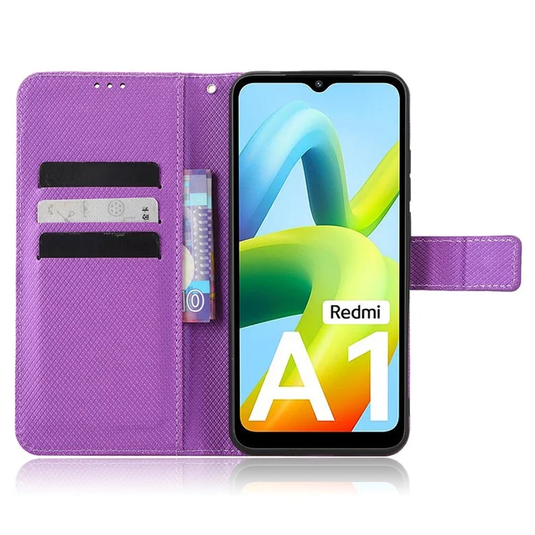 Per Xiaomi Redmi A1 4G Diamond Texture Phone Cover Anti-fingerprint PU Stand Case - Viola