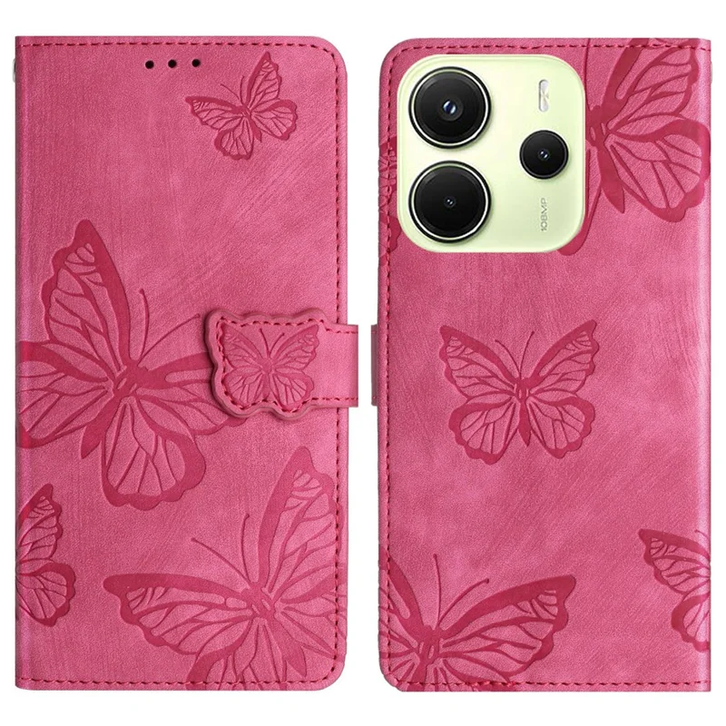 For Xiaomi Redmi Note 14 4G (163.25mm) Case Butterfly Design Flip Wallet Leather Phone Cover Skin-Touch - Rose