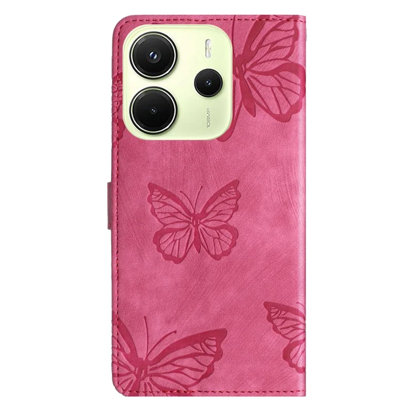 For Xiaomi Redmi Note 14 4G (163.25mm) Case Butterfly Design Flip Wallet Leather Phone Cover Skin-Touch - Rose