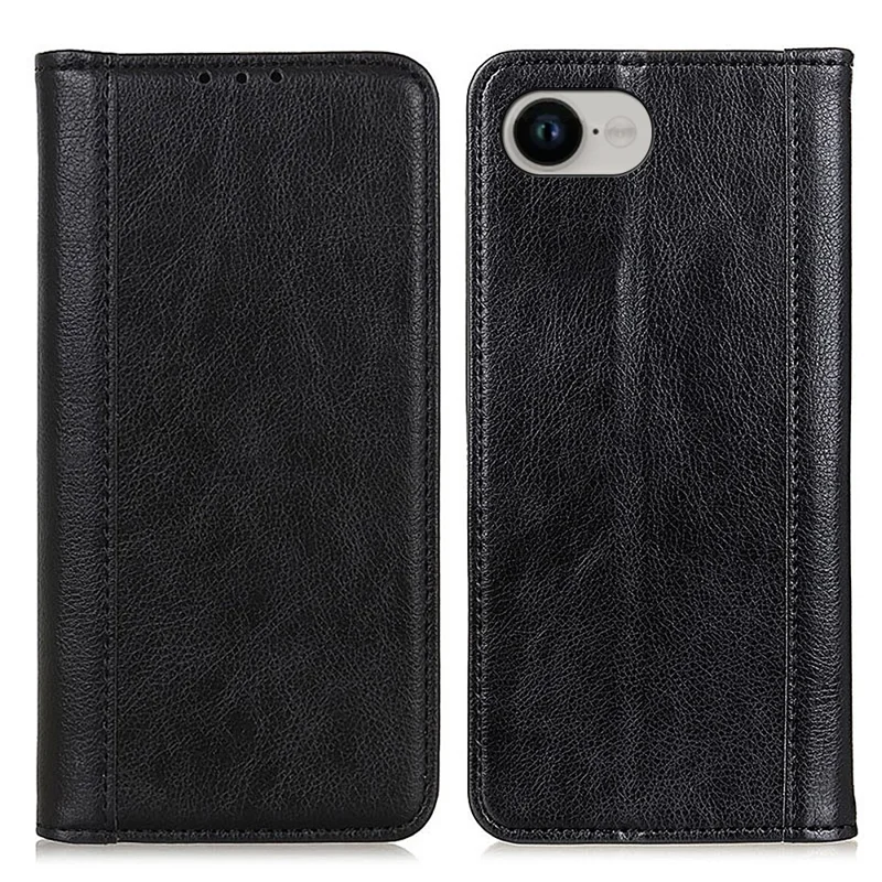 For iPhone 16e Stand Case Split Leather Litchi Texture Wallet Phone Cover - Black