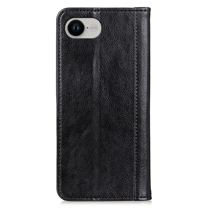 For iPhone 16e Stand Case Split Leather Litchi Texture Wallet Phone Cover - Black