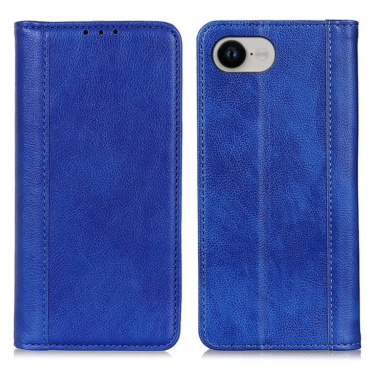 For iPhone 16e Stand Case Split Leather Litchi Texture Wallet Phone Cover - Blue