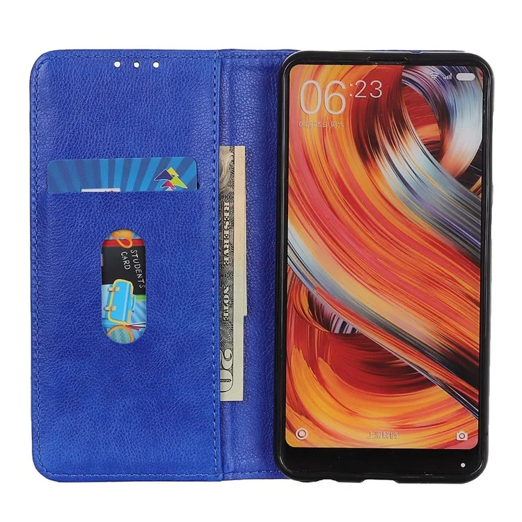 For iPhone 16e Stand Case Split Leather Litchi Texture Wallet Phone Cover - Blue