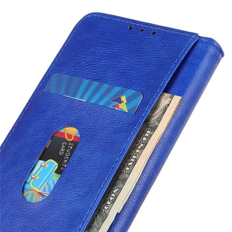 For iPhone 16e Stand Case Split Leather Litchi Texture Wallet Phone Cover - Blue