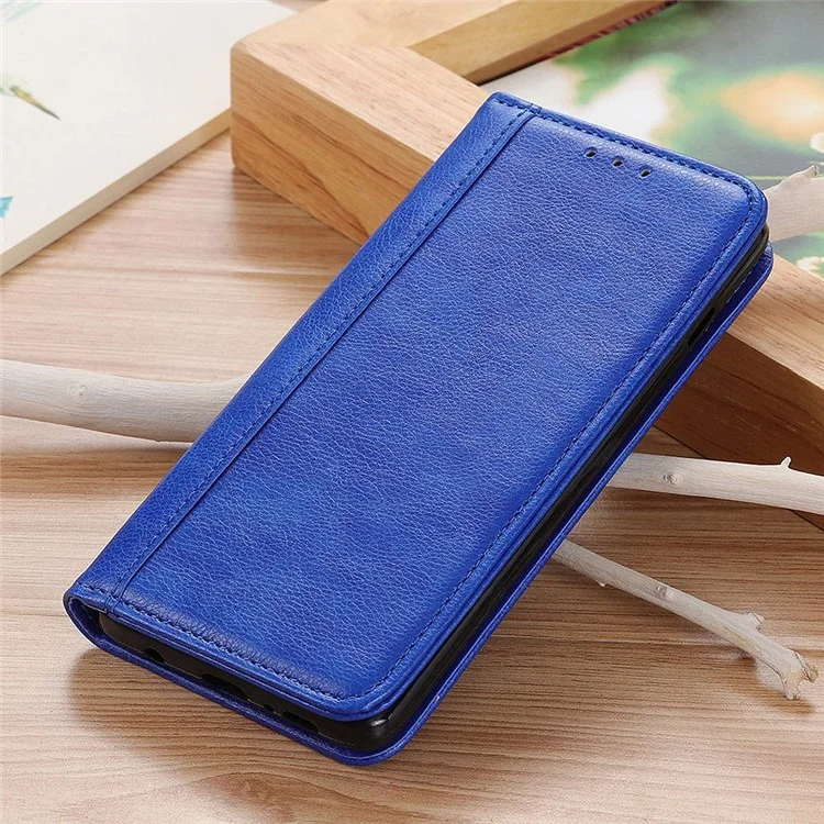 For iPhone 16e Stand Case Split Leather Litchi Texture Wallet Phone Cover - Blue