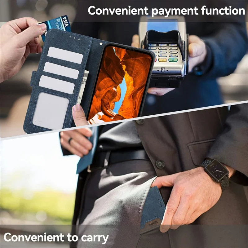 ABEEL For iPhone 17e / 16e Case Color Splicing Leather Flip Phone Cover RFID Blocking - Blue