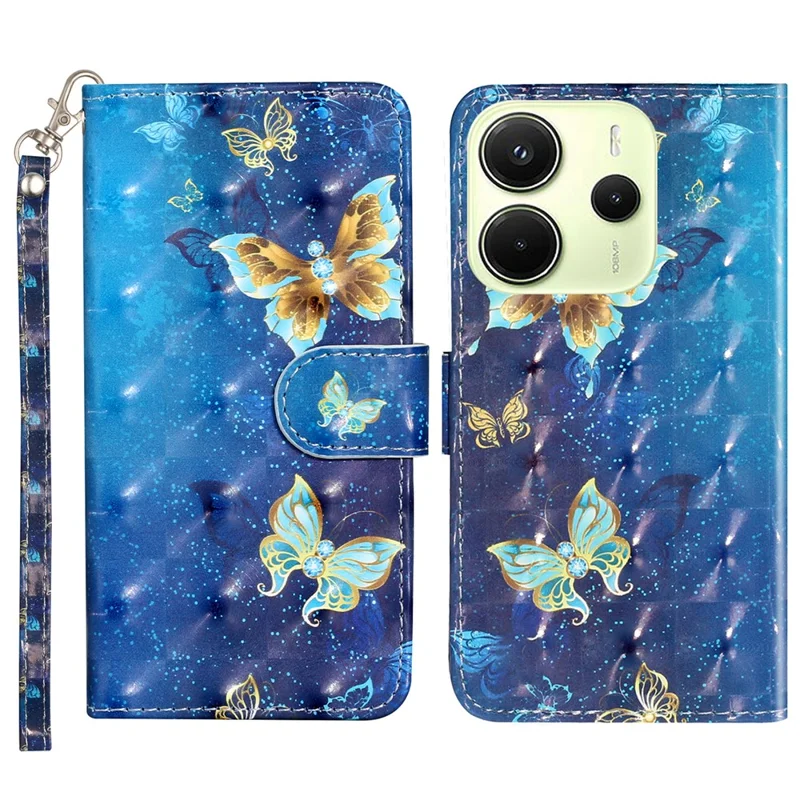 Für Xiaomi Redmi Note 14 4G (163,25 x 76,55 x 8,16 mm) Hülle 3D-Muster bedruckter Leder-Handyhülle - Blau-Gold Schmetterlinge