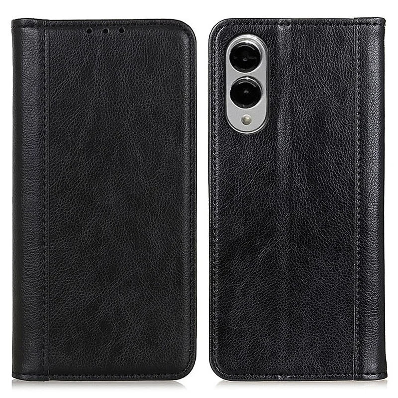 For Samsung Galaxy S25 Edge Stand Case Split Leather Litchi Texture Wallet Phone Cover - Black