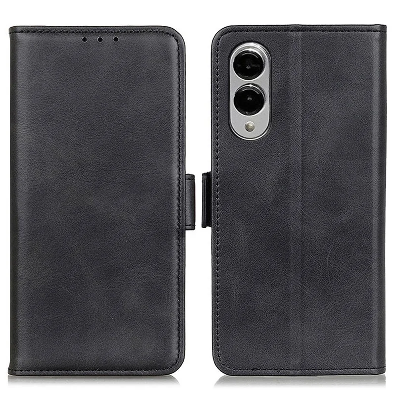 For Samsung Galaxy S25 Edge Case Stand Cowhide Texture PU Leather Phone Cover - Black
