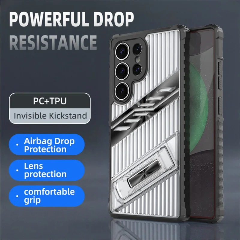 For Samsung Galaxy S25 Ultra Case Folding Kickstand PC + TPU Anti Drop Phone Cover - Black  /  Grey