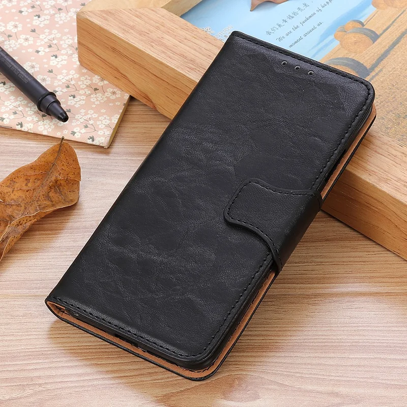 For Samsung Galaxy S25 Edge Case Crazy Horse Texture Split Leather Wallet Phone Cover - Black