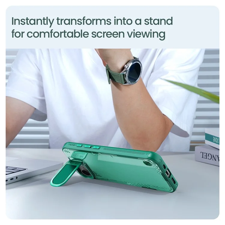 NILLKIN Iceblade Prop For iPhone 16e Case Lens Cover Kickstand PC + TPU Phone Cover - Green