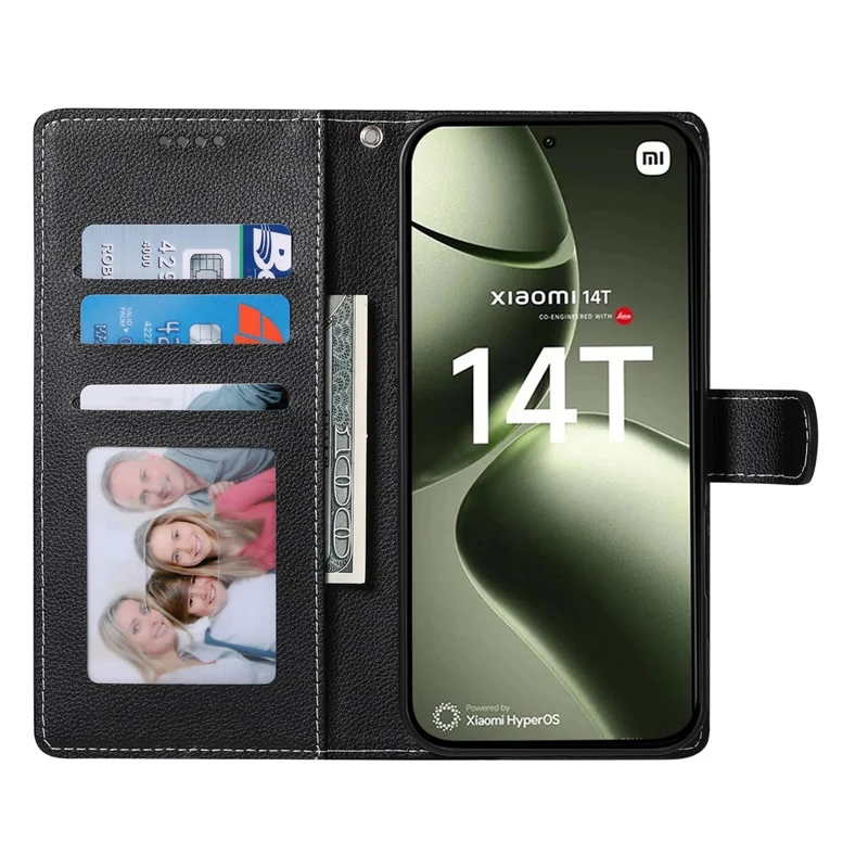 DF-012 For Xiaomi 14T Case Litchi Texture Leather Magnetic Clasp Wallet Stand Phone Cover with Wrist Strap - Black