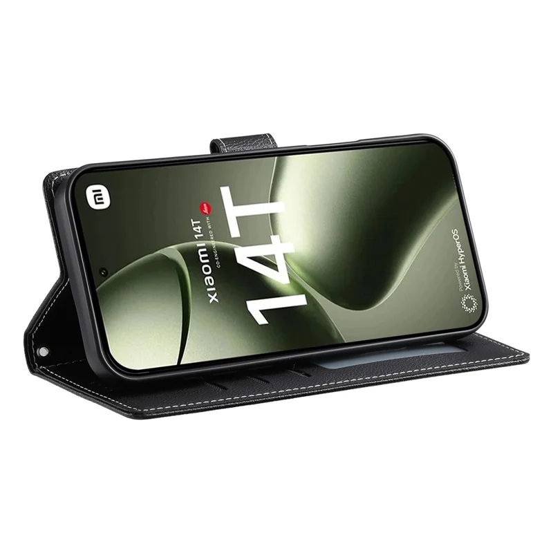 DF-012 For Xiaomi 14T Case Litchi Texture Leather Magnetic Clasp Wallet Stand Phone Cover with Wrist Strap - Black
